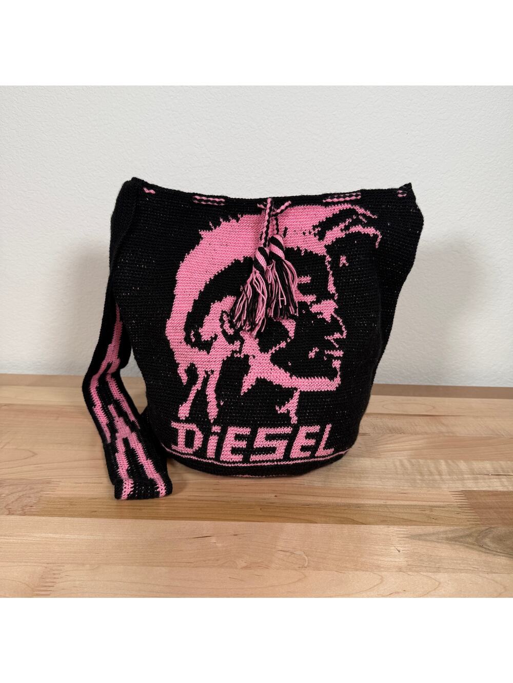 Diesel Style Knit Bucket Bag Pink Black Y2K Crossbody Purse
